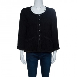 Chanel Black Textured Wool Frayed Trim Jacket L