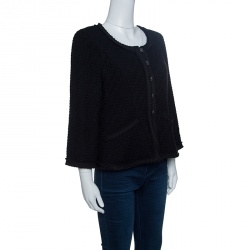 Chanel Black Textured Wool Frayed Trim Jacket L