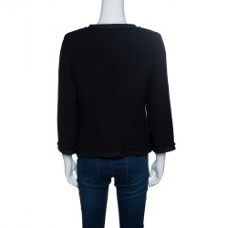 Chanel Black Textured Wool Frayed Trim Jacket L