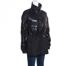 Pre Owned Chanel Black Quilted Paneled Tie Detail Zip Front Jacket M