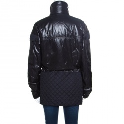 Pre Owned Chanel Black Quilted Paneled Tie Detail Zip Front Jacket M