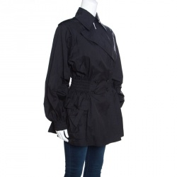 Pre Owned Chanel Black Nylon Smocked Waist Double Breasted Trench Coat M