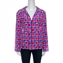 Chanel Purple and Pink Watercolor Motif Printed Silk Zip Front Blouse M