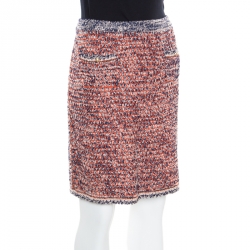 Pre Owned Chanel Navy Blue and Orange Textured Pencil Skirt L