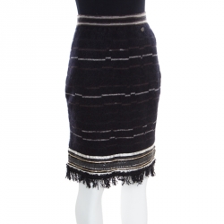 Chanel Black Wool and Mohair Embellished Fringe Bottom Pencil Skirt M