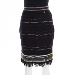 Chanel Black Wool and Mohair Embellished Fringe Bottom Pencil Skirt M