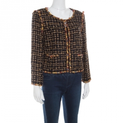 Pre Owned Chanel Black Textured Beaded Edging Detail Cropped Boucle Jacket L