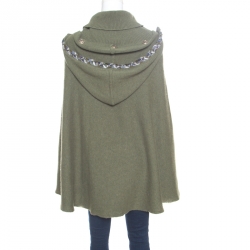 Pre Owned Chanel Olive Green Cashmere Contrast Trim Detail Hooded Poncho M
