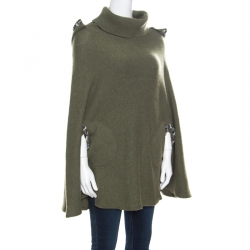 Pre Owned Chanel Olive Green Cashmere Contrast Trim Detail Hooded Poncho M