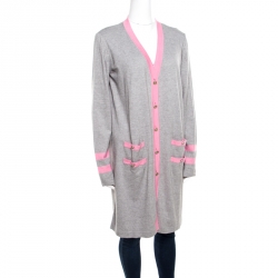 Pre Owned Chanel Grey Cotton and Cashmere Knit Contrast Trim Long Cardigan L