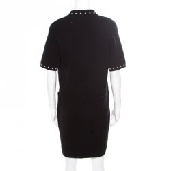 Chanel Black Textured Knit Faux Pearl Studded Short Sleeve Dress M