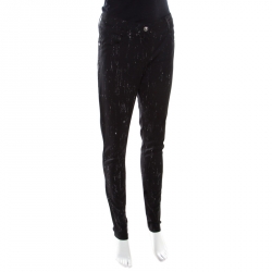 Pre Owned Chanel Black Paint Splatter Printed Wool Pants M