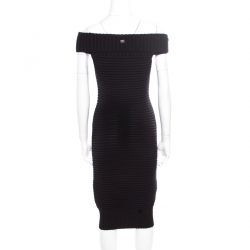 Chanel Black Chunky Rib Knit Off Shoulder Bodycon Dress M