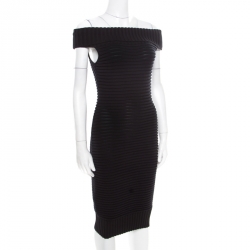 Chanel Black Chunky Rib Knit Off Shoulder Bodycon Dress M