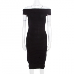 Chanel Black Chunky Rib Knit Off Shoulder Bodycon Dress M