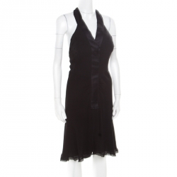 Chanel Vintage Black Textured Silk Crepe Ruched Halter Dress M