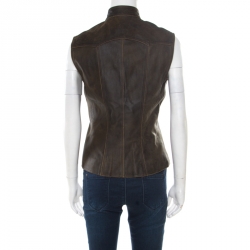 Pre Owned Chanel Vintage Dark Brown Calfskin Leather Button Front Vest M
