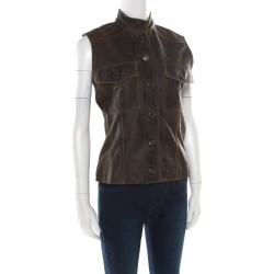 Pre Owned Chanel Vintage Dark Brown Calfskin Leather Button Front Vest M