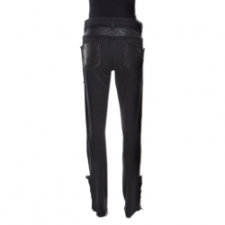 Pre Owned Chanel Black Leather Patch Detail Distressed Raw Edged Denim Jeans M