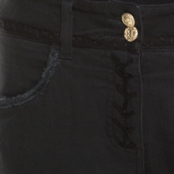 Pre Owned Chanel Black Leather Patch Detail Distressed Raw Edged Denim Jeans M