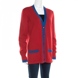 Pre Owned Chanel Red and Blue Contrast Trim Cashmere Button Front Cardigan L