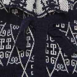 Pre Owned Chanel Navy Blue and White Patterned Knit Cashmere Belted Cardigan M