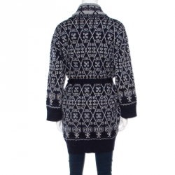 Pre Owned Chanel Navy Blue and White Patterned Knit Cashmere Belted Cardigan M