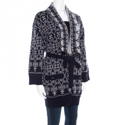 Pre Owned Chanel Navy Blue and White Patterned Knit Cashmere Belted Cardigan M