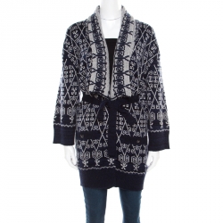 Pre Owned Chanel Navy Blue and White Patterned Knit Cashmere Belted Cardigan M