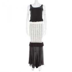 Chanel Monochrome Knit Crochet Blazer Top and Maxi Skirt Set S