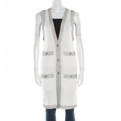 Pre Owned Chanel White Contrast Mesh Trim Sleeveless Long Cardigan S