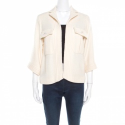 Chanel Cream Textured Wool Open Front Jacket S