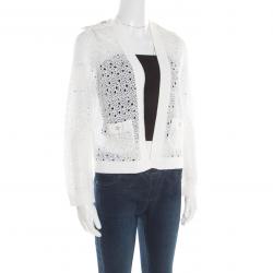 Chanel Off White Perforated Crochet Knit Button Front Cardigan S