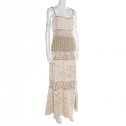 Pre Owned فستان ماكسي شانيل تريكو شانكي كريمي منقوش بلا أكمام L