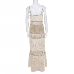 Pre Owned فستان ماكسي شانيل تريكو شانكي كريمي منقوش بلا أكمام L