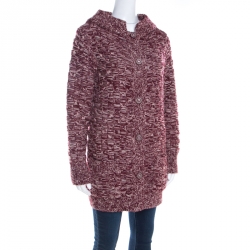 Chanel Wine Red Textured Knit Cashmere Button Front Long Cardigan M
