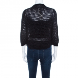 Pre Owned Chanel Black Open Weave Silver Tone Chain Detail Cropped Cardigan M