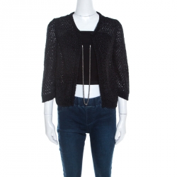 Pre Owned Chanel Black Open Weave Silver Tone Chain Detail Cropped Cardigan M