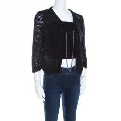 Pre Owned Chanel Black Open Weave Silver Tone Chain Detail Cropped Cardigan M