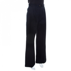 Pre Owned Chanel Navy Blue Cotton High Waist Tailored Wide Leg Trousers M