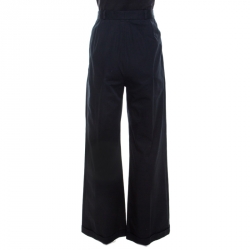 Pre Owned Chanel Navy Blue Cotton High Waist Tailored Wide Leg Trousers M