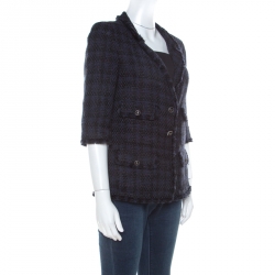 Pre Owned Chanel Navy Blue Tweed Contrast Boucle Trim Classic Blazer M