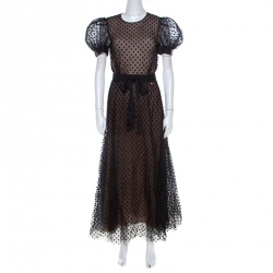 مملوكة مسبقًا Chanel Black Polka Dot Mesh Overlay Belted Midi Dress M