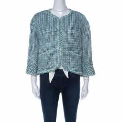 Chanel Green & Iridescent Tweed Inner Lambskin Front Tie Waistcoat Jacket M