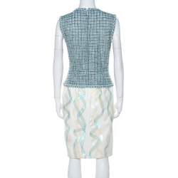 Chanel Green & White Tweed and Lambskin Iridescent Detail Dress M