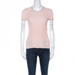 Pre Owned Chanel Pink Ribbed Knit Coco Cuba Short Sleeve Top M