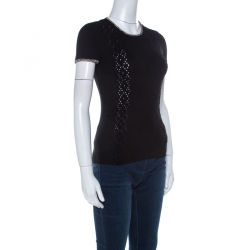 Chanel Black Ribbed Knit Coco Cuba Short Sleeve Top M 