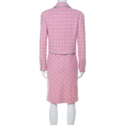 Pre Owned Chanel Pink Cotton Wool Tweed Lurex Detail Dress Suit M