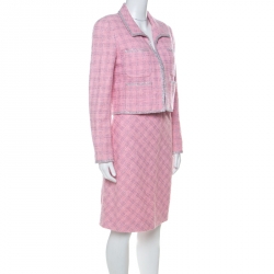 Pre Owned Chanel Pink Cotton Wool Tweed Lurex Detail Dress Suit M