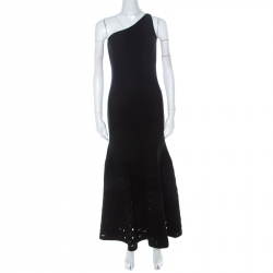 Chanel Black Jersey One Shoulder Open Knit Flounce Hem Detail Dress M